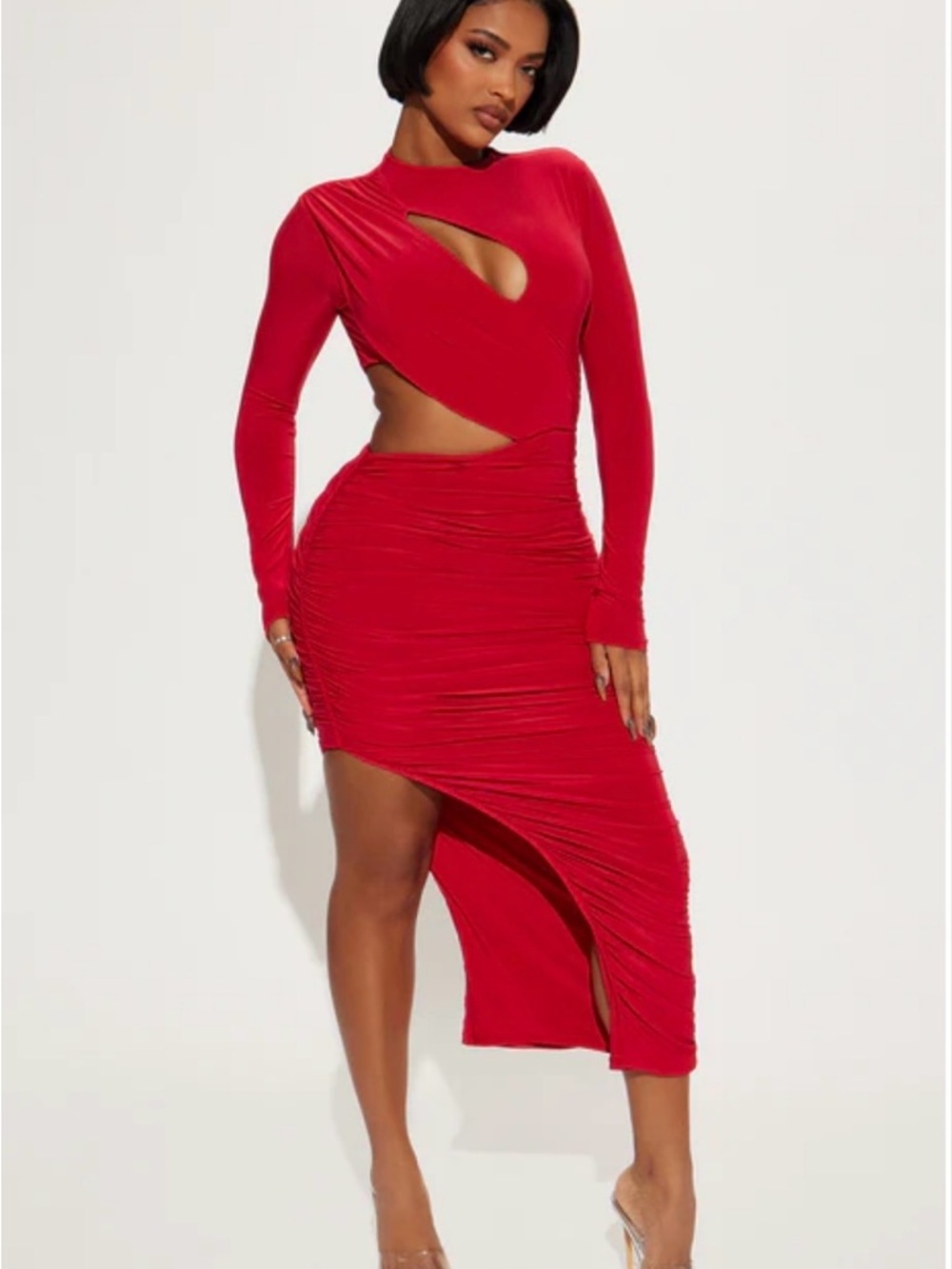Fashion Nova Red Cutout Ruched High-Low Midi Dress